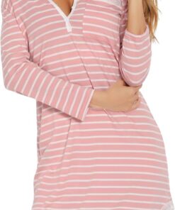 Camisón Mujer Algodon Sexy con Cuello en v Botón y Pijamas Encaje Camisones Mujer y Suave Premamá Camisón de Lactancia Ropa de Dormir