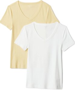 Amazon Essentials Mujer Camiseta de Cuello en Pico de Manga Corta y Ajuste Entallado