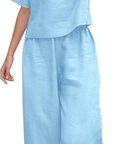 Conjunto de 2 piezas para mujer, algodón y lino, manga corta, cuello redondo, pantalones de pierna ancha, ropa ligera para verano, playa, vacaciones