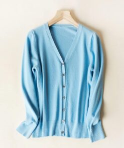 Cárdigans para Mujer Reino Unido,Mujer Color Sólido Cárdigan Azul Claro Cuello En V Abrigo De Punto Botón Suéteres Delanteros Abiertos Ultrasuaves Primavera Otoño Mang, S