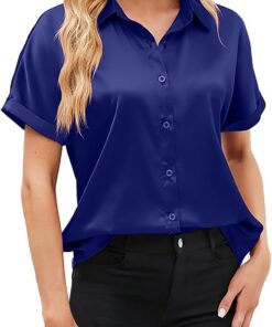 Blusas de seda satinada para mujer, blusas de manga corta con botones y cuello de solapa, camisas casuales de ajuste holgado, camisa de oficina de negocios