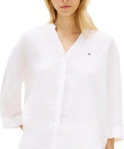 Tommy Hilfiger ESS Linen Collarless Shirt Ww0ww48926 Camisa L/S Mujer (Pack de 1)