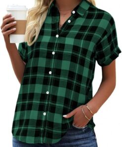 GeGekoko Blusa a cuadros para mujer, manga corta, informal, suelta, cuello en V, para botones, túnica de verano