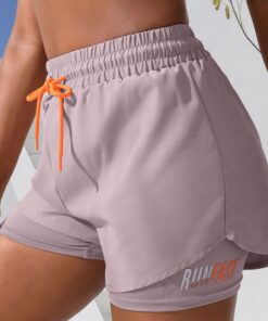 Pantalones cortos de correr 2 en 1 para mujer, cintura alta, atléticos, entrenamiento, gimnasio, con forro y cordón