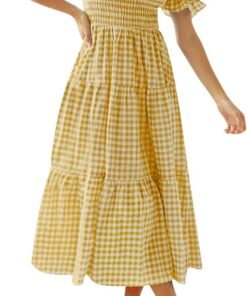 ZESICA - Vestido de verano bohemio para mujer, a cuadros, cuello cuadrado, manga abullonada, con volantes, con vuelo, para la playa, largo midi