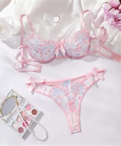 Conjunto de lencería sexy para mujer, conjunto de brasier y bragas sexy, lencería bordada floral con aros, 2 piezas, color rosa