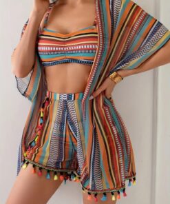 Conjunto de bikini de 4 piezas con rayas para mujer, con borlas, traje de baño, outfit para verano, vacaciones en la playa (Naranja, M)