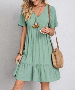 Vestidos de verano para mujer, de manga corta, cuello en V, longitud a la rodilla, plisados, con volantes, vestidos de playa
