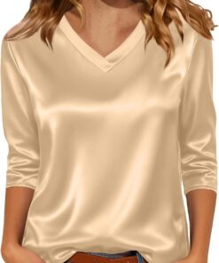 Blusas de satén para mujer, manga 3/4, de seda, cuello en V, camisas de vestir, estilo casual, holgadas, para negocios, trabajo, oficina