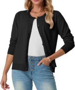 GRECERELLE Cárdigan suave de verano para mujer, bonito y ligero, cuello redondo, manga larga, suéter de punto sólido, suéteres casuales con botones para mujer, noches de verano y citas