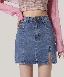 Falda pantalón de mezclilla elástica de cintura alta para mujer, estilo Y2K, casual, de verano, con abertura lateral y pantalones cortos integrados