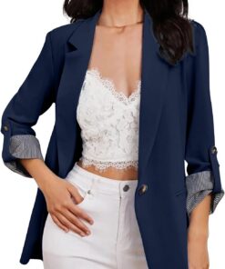 HUIFUAO - Trajes y blazers para mujer, chaquetas de traje de negocios, talla grande, cárdigan abierto al frente, manga larga, para oficina, trabajo, abrigos, ligeros, Z11 azul marino, S