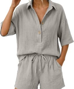 Genérico Conjuntos Mujer Verano Casual Dos Piezas Pantalon Cortos y Blusa Elegante Conjunto Lino Chándal Camisa Manga Corta Conjunto de Verano Ropa de Playa Chandal con Bolsillos