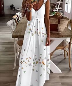 Vestido largo sin mangas con cuello en V para mujer, talla grande, estampado de mariposas, casual, para uso diario y verano, playa, vacaciones, vestido suelto