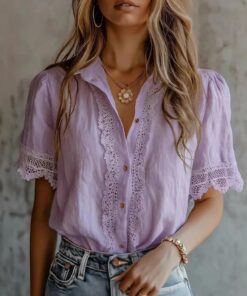 Camisas con botones para mujer, blusas de manga corta con ribete de encaje, blusas de moda de verano 2026, ropa casual elegante, Púrpura claro, Large