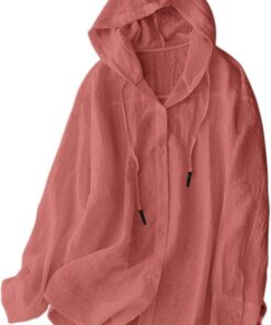 Camisas de lino y algodón con protección solar para mujer, sudadera con capucha de gran tamaño, casual, holgada, de manga larga, con botones, con capucha, para verano, playa, ligera, chaquetas