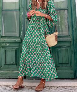 Vestidos bohemios de verano para mujer, cuello en V, manga abombada, floral, fluido, casual, largo