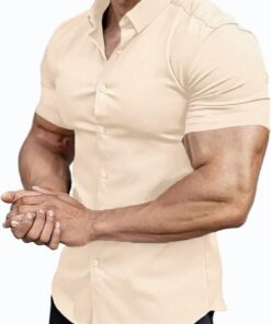 Camisa de vestir para hombre de corte atlético ajustado, realza la musculatura, manga corta, elástica, estilo informal, con botones