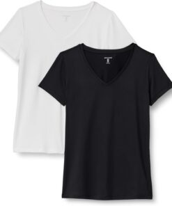 Amazon Essentials Camiseta Elástica de Secado Rápido, Manga Corta y Cuello en V (Hay Tallas Grandes) Mujer, Paquete de 2