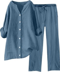 Conjunto Lino Mujer Elegante Dos Piezas Traje de Primavera Camisa Manga Larga con Botones y Pantalones Largo Piernas Anchas Chándal Ropa de Casa Casuale Color Sólido