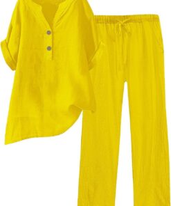 Conjunto de 2 Piezas de Lino para Mujer, Camisa y Pantalones con Botones, Casual, Holgado, para Playa, Vacaciones, Verano