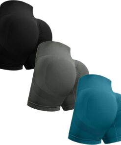OVESPORT, Pantalones cortos de entrenamiento de 3 piezas para mujer, sin costuras, con levantamiento de glúteos, cintura alta, para yoga, gimnasio y correr