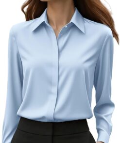 Blusas de seda satinada para mujer, blusas de manga corta con botones y cuello de solapa, camisas casuales de ajuste holgado, camisa de oficina de negocios