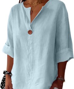 Camisas de lino para mujer, manga 3/4, botones, cuello en V, blusas informales, cómodas y transpirables, camisetas de trabajo de verano