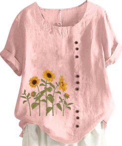 Camisa de algodón y lino con botones de verano para mujer, talla grande, con estampado floral, blusa de manga corta y cuello redondo