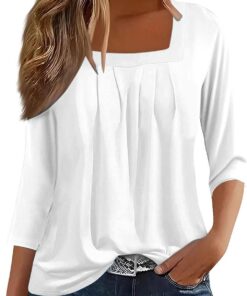 Blusas Mujer Color Sólido Blusas Informal Plisada de Mangas 3/4 con Cuello Cuadrado Blusa Suelta Camiseta Elegante Camisa Suelto Túnica Básico Tops Casual Shirt