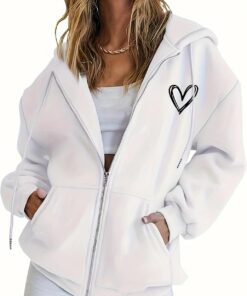 Sketch - Sudadera con capucha y cremallera con estampado de corazón, chaqueta de gran tamaño con bolsillo con cordón