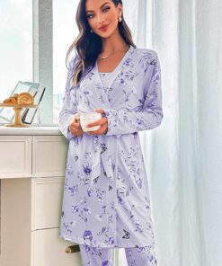 Conjunto de pijama de 3 piezas para mujer, bata de manga larga, camiseta y pantalones, ropa suave para el hogar, para dormir, descansar, relajarte en interiores
