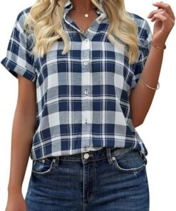 GeGekoko Blusa a cuadros para mujer, manga corta, informal, suelta, cuello en V, para botones, túnica de verano