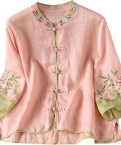 Camisas de manga 3/4 para mujer, elegante blusa bordada floral con estilo chino, botón plegable, ligera, oriental, ropa tradicional china, estilo étnico vintage