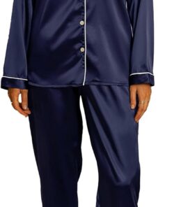 Pijamas de Mujer Satén Invierno Manga Larga Mujer Pijama Seda con Botones 2 Piezas Ropa de Domir Loungewear Elegante Camisa de Dormir Delanteros de Dos Piezas Traje de casa