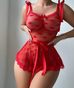 Lencería de malla transparente para mujer, con estampado de corazón, malla transparente, una pieza