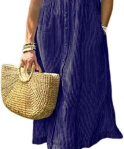 Vestido camisero a rayas con solapa y botones y bolsillos funcionales, vestido largo casual de verano
