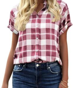 GeGekoko Blusa a cuadros para mujer, manga corta, informal, suelta, cuello en V, para botones, túnica de verano