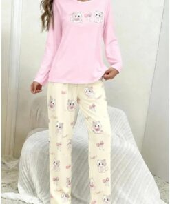 Conjunto de pijama de 2 piezas para mujer, suave, cómodo, conjunto de ropa de salón de manga larga y pantalones, ropa de dormir acogedora para el hogar y la relajación, Manga larga gato rosa, L