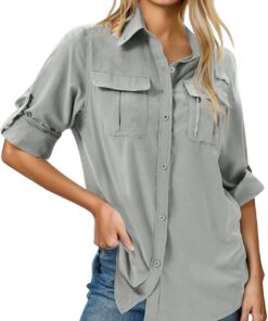 Camisas de manga larga con botones y solapa para mujer, color liso, casual, blusa tipo túnica, camisa de caza para mujer, camisa de caza al aire libre, de secado rápido, camisa de senderismo con