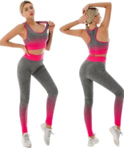 Conjunto de 2 piezas de entrenamiento para mujer, conjunto de gimnasio sin costuras, acanalado, casual, cómodo, chaleco corto de cintura alta, conjunto de leggings de cintura alta, ropa