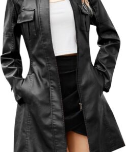 Generisch Chaqueta de cuero para mujer de longitud media con cinturón, manga larga, chaqueta cortavientos británica, abrigo de cuero
