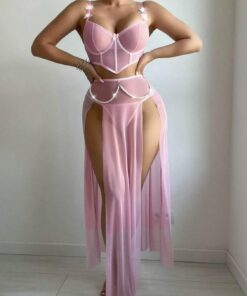 Lencería sexy con abertura alta para mujer, conjunto de corsé de malla transparente y falda de perlas, 3 piezas, ropa de baile exótica