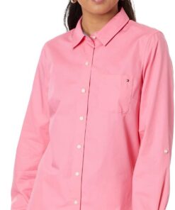 Tommy Hilfiger Women's Classic Long Sleeve Roll Tab Button Down Shirt (Standard and Plus Size) Roll Tab Dot Mujer (Pack de 1)