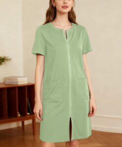 Vestido de casa para mujer, con cremallera frontal, manga corta, con bolsillos, camisón casual para el hogar