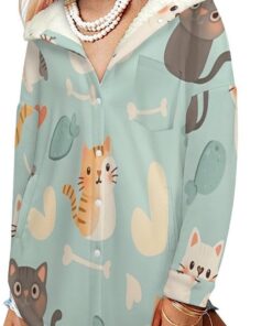 Sudadera con Capucha de Invierno Animales Juguetones Chaqueta de Forro Polar para Mujer Gato De Dibujos Animados Chaqueton Borreguito Tallas Grandes Abrigo Cálido Largo con Bolsillo, Verde