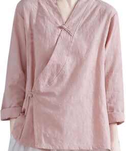 Camisas de manga larga para mujer, elegante, cuello en V, Qipao Cheongsam, blusa ligera e informal con cuello mandarín, estilo étnico vintage, con botones, ropa tradicional china
