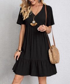 Vestidos de verano para mujer, de manga corta, cuello en V, longitud a la rodilla, plisados, con volantes, vestidos de playa