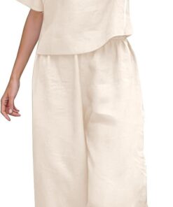 Conjunto de 2 piezas para mujer, algodón y lino, manga corta, cuello redondo, pantalones de pierna ancha, ropa ligera para verano, playa, vacaciones