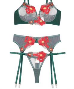Aranmei Conjunto de lencería para mujer, conjunto de lencería de 4 piezas con encaje bordado floral, brasier transparente con aros con tanga, bandas en el muslo con liguero
